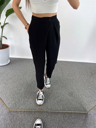 Goes Keten Siyah Yandan Düğmeli Pantolon