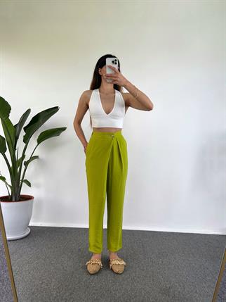 Goes Keten Yeşil Yandan Düğmeli Pantolon