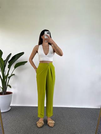 Goes Keten Yeşil Yandan Düğmeli Pantolon