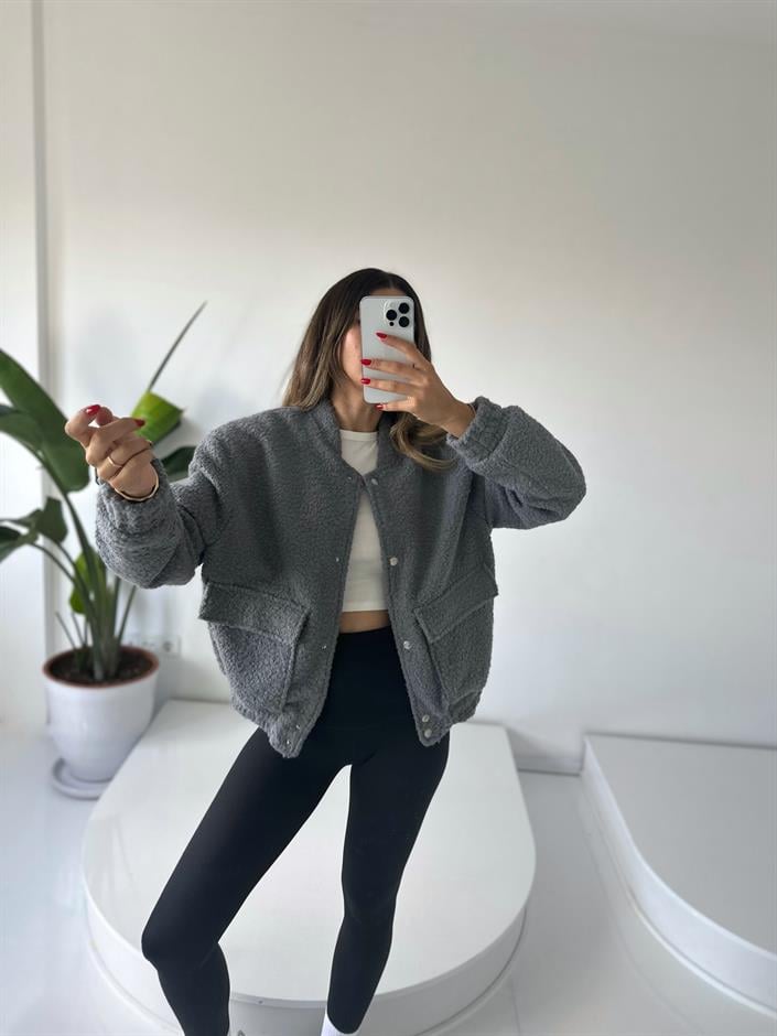 Gri Buklet Teddy Bomber Ceket