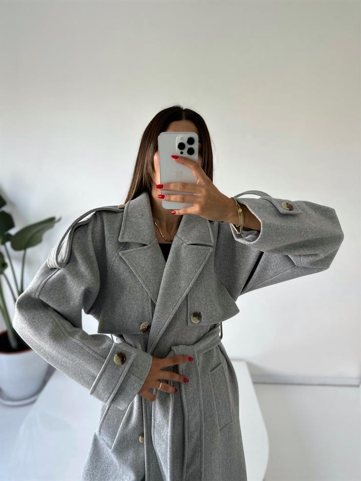 Gri Premium Astarlı Düğmeli Uzun Kaban