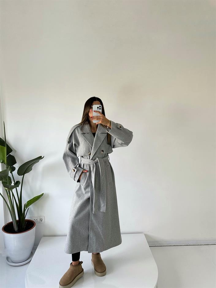 Gri Premium Astarlı Düğmeli Uzun Kaban