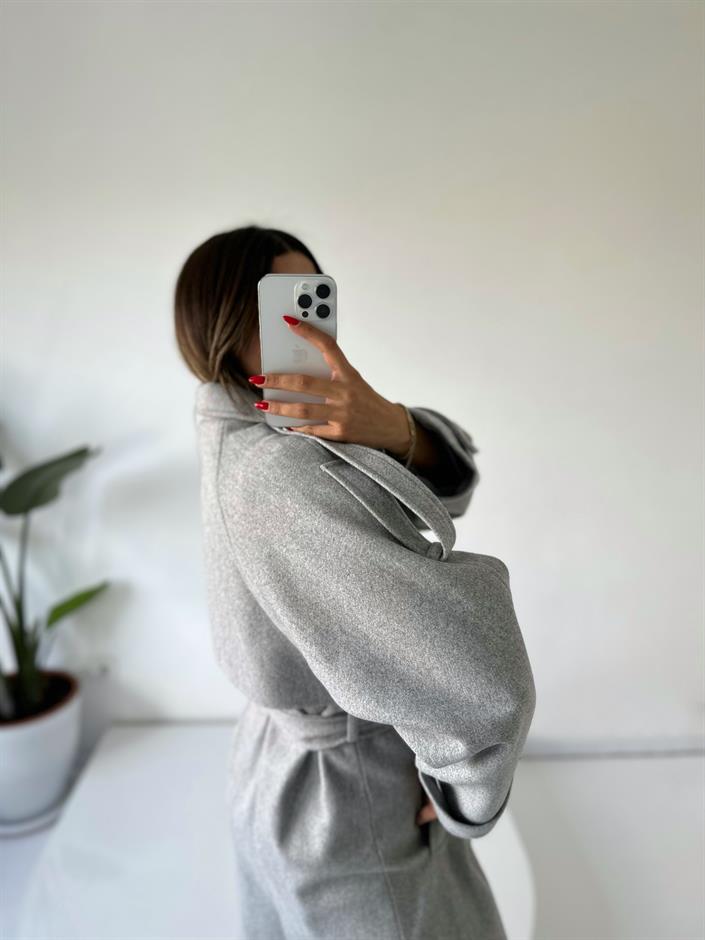 Gri Premium Astarlı Düğmeli Uzun Kaban