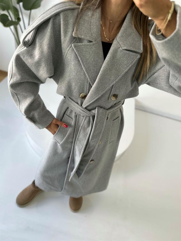 Gri Premium Astarlı Düğmeli Uzun Kaban