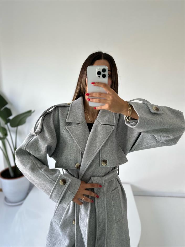 Gri Premium Astarlı Düğmeli Uzun Kaban