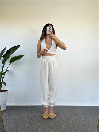 Guga Beyaz Paçası Lastikli Pantolon