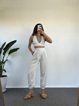 Guga Beyaz Paçası Lastikli Pantolon