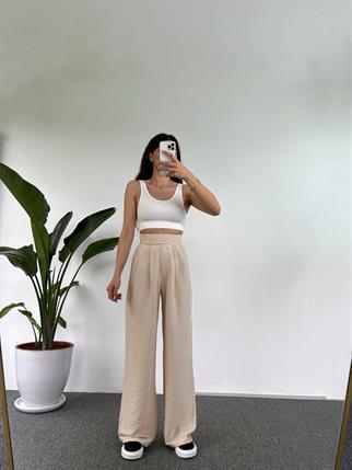 Guga Keten Bej Çırt Bantlı Pantolon 