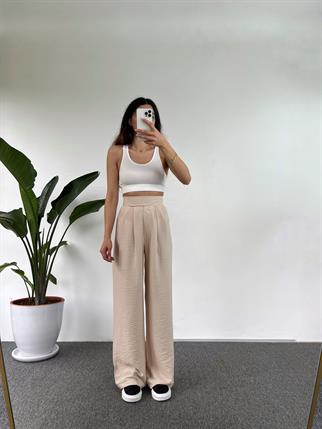 Guga Keten Bej Çırt Bantlı Pantolon 