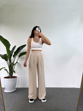 Guga Keten Bej Çırt Bantlı Pantolon 