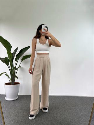 Guga Keten Bej Çırt Bantlı Pantolon 