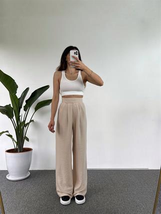 Guga Keten Bej Çırt Bantlı Pantolon 