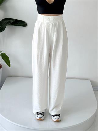 Guga Keten Beyaz Çırt Bantlı Pantolon