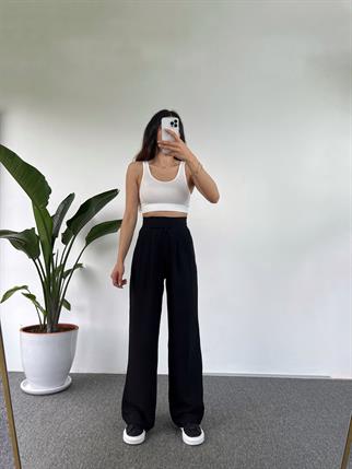 Guga Keten Siyah Çırt Bantlı Pantolon