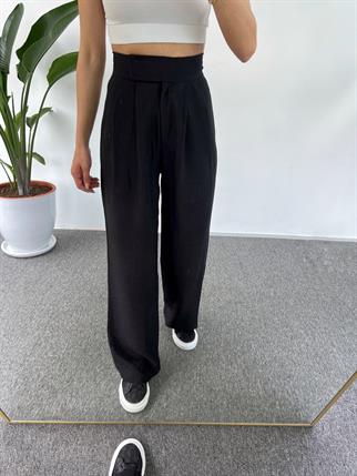 Guga Keten Siyah Çırt Bantlı Pantolon