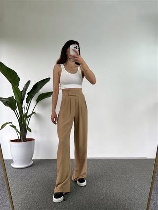 Guga Keten Sütlü Kahve Çırt Bantlı Pantolon