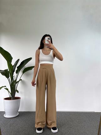 Guga Keten Sütlü Kahve Çırt Bantlı Pantolon