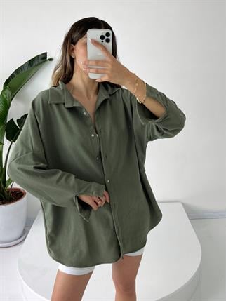 Haki Oversize Krinkıl Gömlek