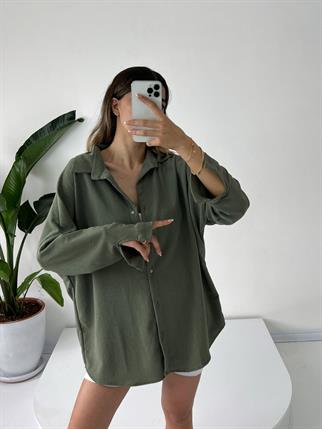 Haki Oversize Krinkıl Gömlek