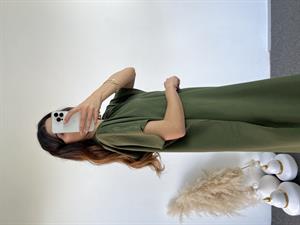 Haki Yeşil Kapüşonlu Oversize Elbise 