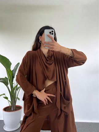 Helen Kahverengi Gofre Şal Yaka İkili Takım