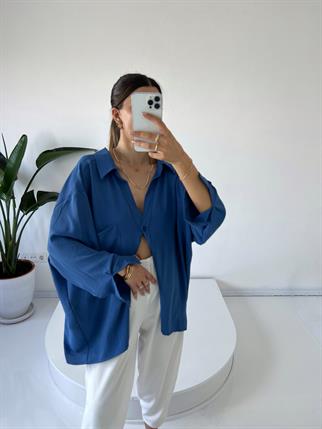 İndigo Mavi Ayrobin Premium Oversize Gömlek