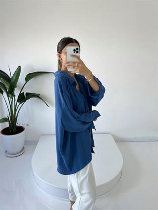 İndigo Mavi Ayrobin Premium Oversize Gömlek