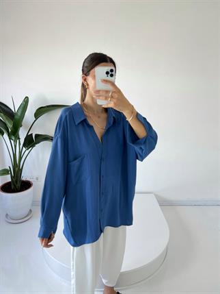 İndigo Mavi Ayrobin Premium Oversize Gömlek
