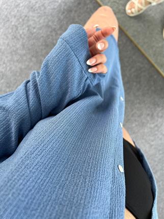 İndigo Mavi Oversize Krinkıl Gömlek 