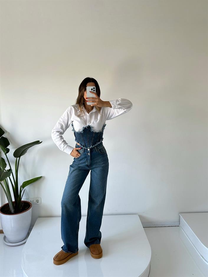 Isabell Çift Düğmeli Dark Blue Palazzo Wide Leg Jean 