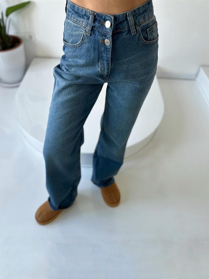 Isabell Çift Düğmeli Dark Blue Palazzo Wide Leg Jean 