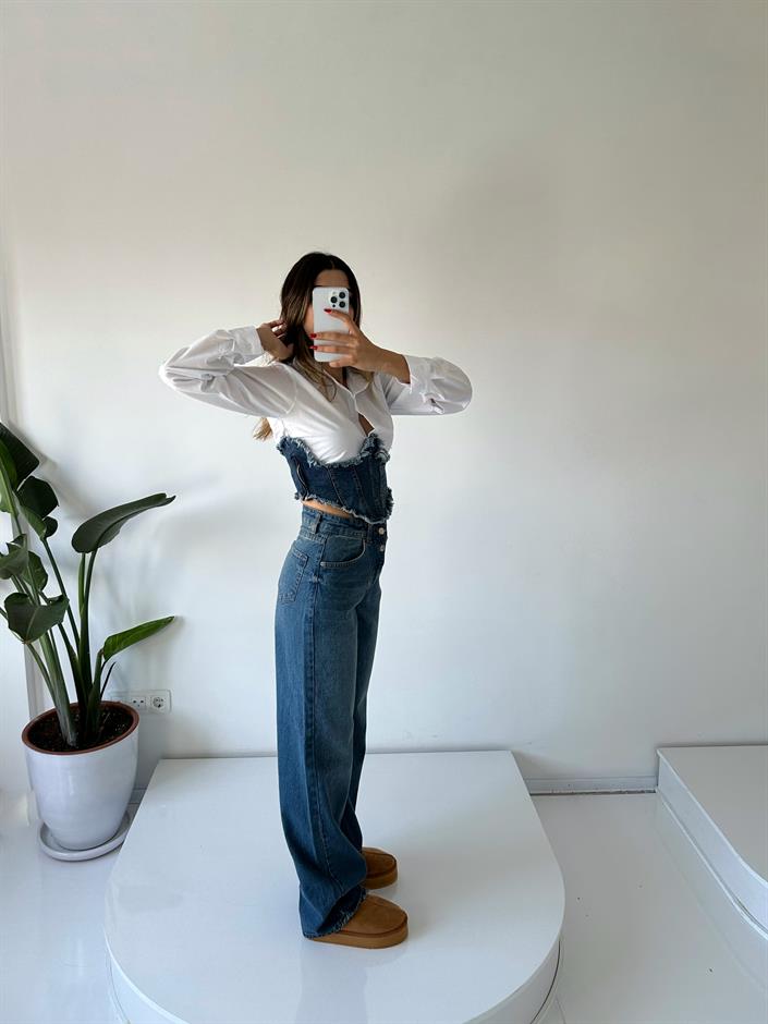 Isabell Çift Düğmeli Dark Blue Palazzo Wide Leg Jean 