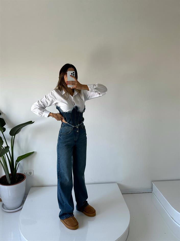 Isabell Çift Düğmeli Dark Blue Palazzo Wide Leg Jean 