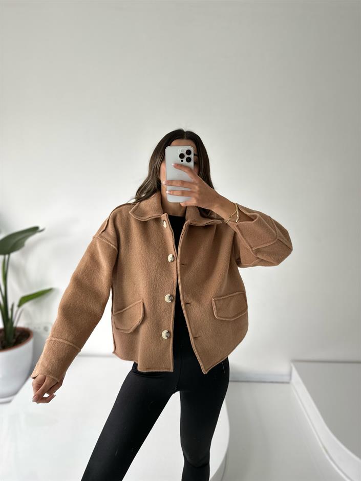 İthal Camel Kürk Kısa Düğmeli Kaban