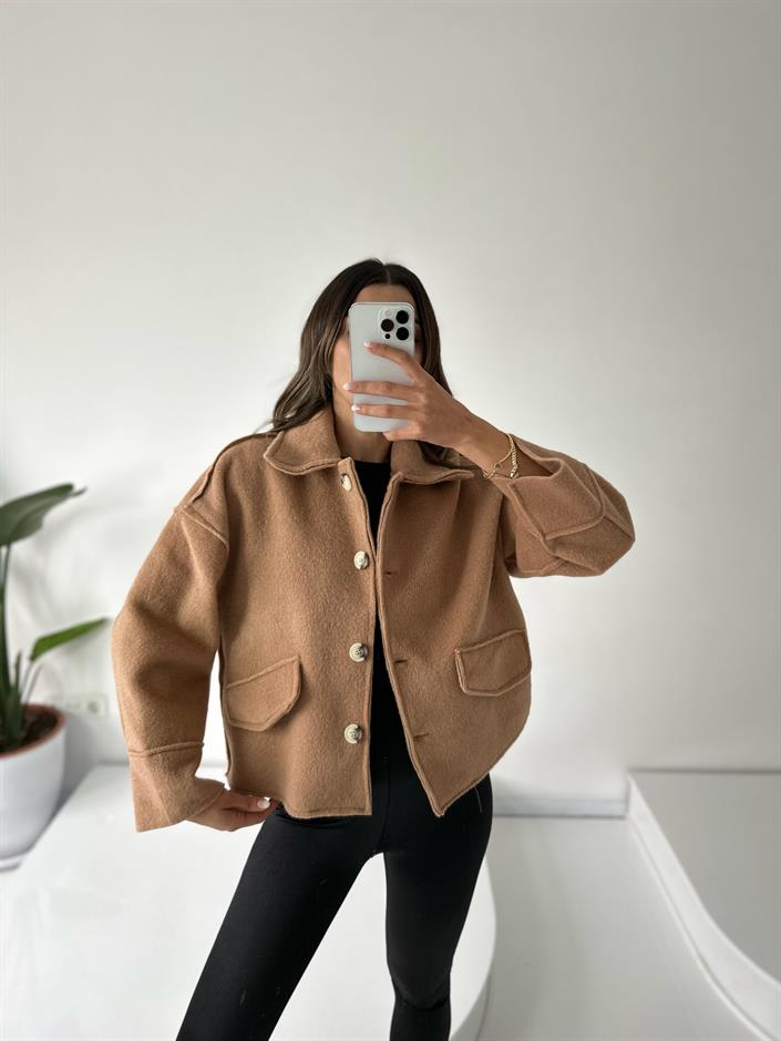 İthal Camel Kürk Kısa Düğmeli Kaban