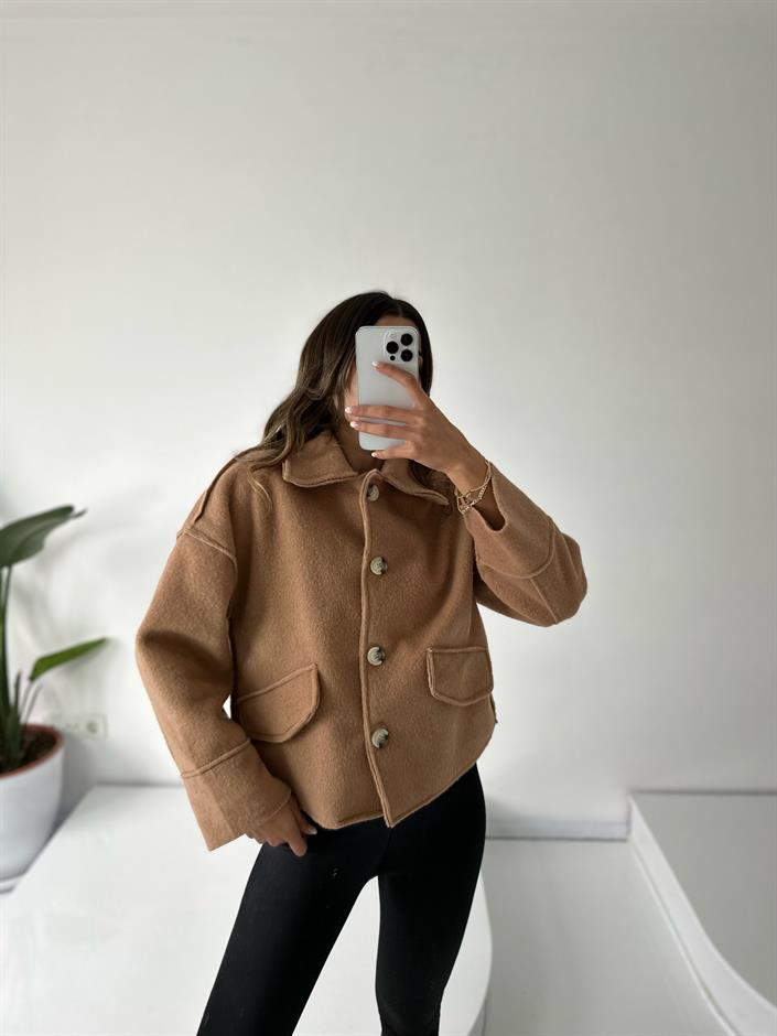 İthal Camel Kürk Kısa Düğmeli Kaban