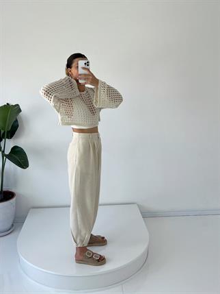 Ivanna Bej Keten Düğme Detaylı Şalvar Pantolon