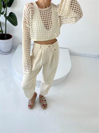 Ivanna Bej Keten Düğme Detaylı Şalvar Pantolon