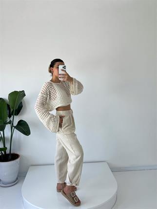 Ivanna Bej Keten Düğme Detaylı Şalvar Pantolon