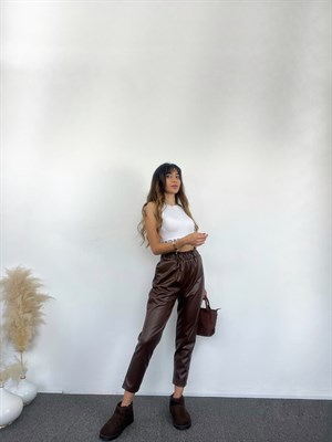 Kahverengi Beli Lastikli Deri Pantolon