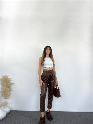 Kahverengi Beli Lastikli Deri Pantolon