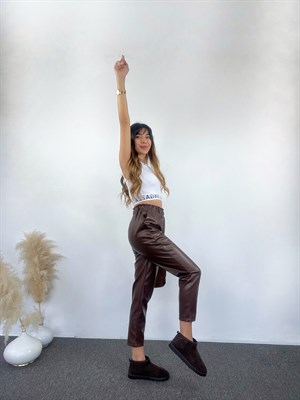 Kahverengi Beli Lastikli Deri Pantolon