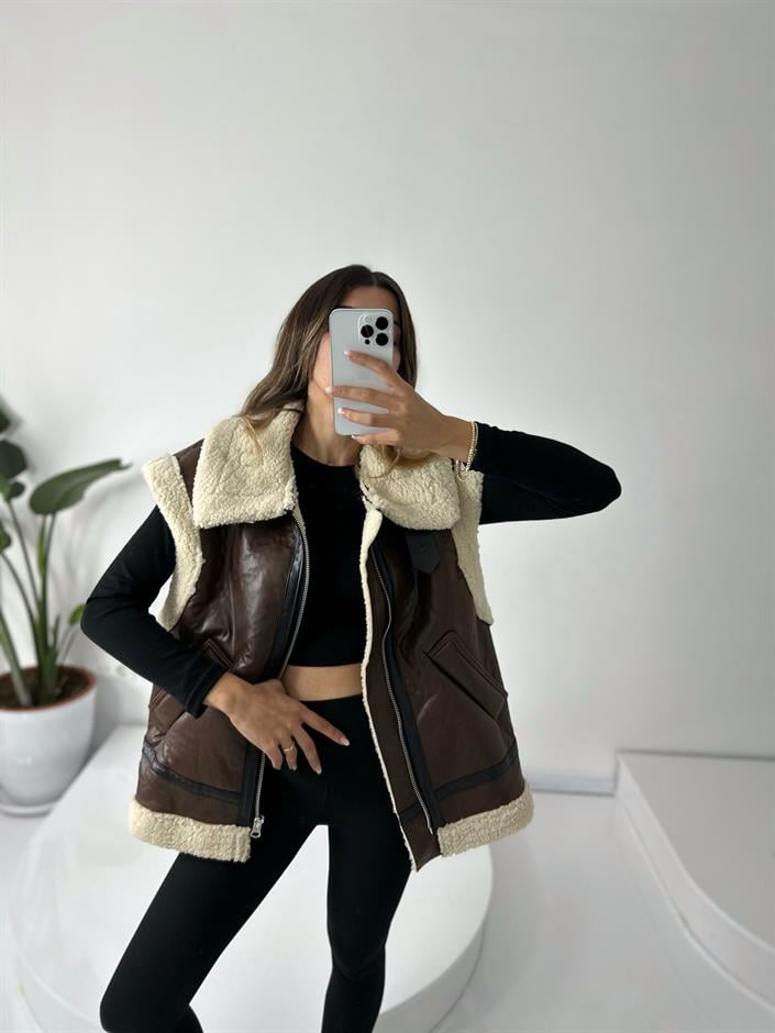 Kahverengi Deri Kürklü Yelek