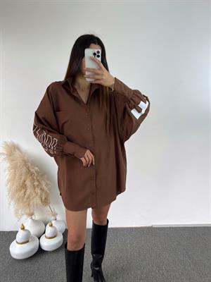 Kahverengi Oversize Baskılı Gömlek 