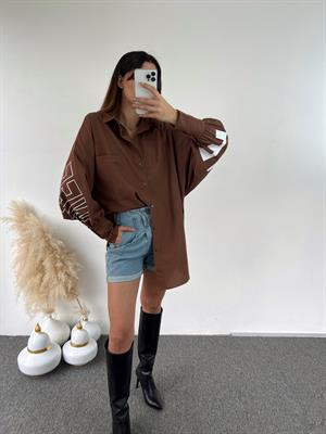 Kahverengi Oversize Baskılı Gömlek 