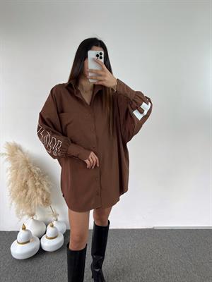 Kahverengi Oversize Baskılı Gömlek 
