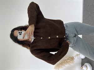 Kahverengi Teddy Gold Düğme Hırka