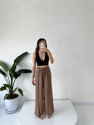 Kahverengi Tin Keten Yırtmaçlı Bağlamalı Pantolon