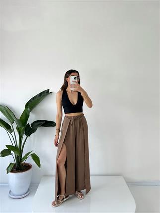 Kahverengi Tin Keten Yırtmaçlı Bağlamalı Pantolon