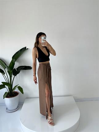 Kahverengi Tin Keten Yırtmaçlı Bağlamalı Pantolon